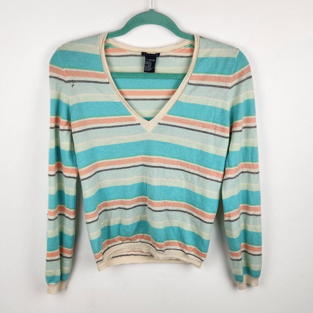 Theory 100% Cashmere Colorful Striped V-Neck Sweater sz M Flawed